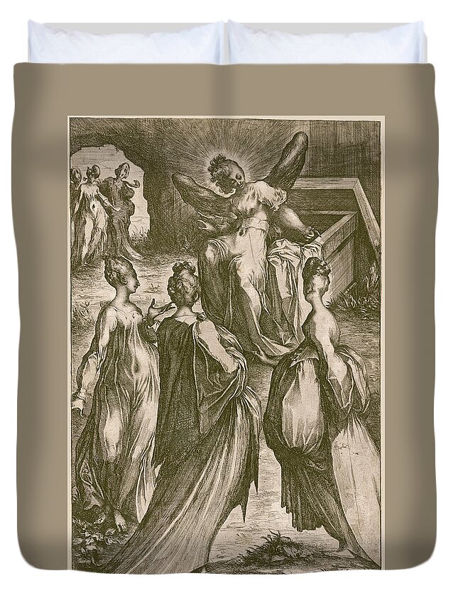 Jacques Bellange Duvet Cover featuring the drawing The Three Marys at the Tomb by Jacques Bellange