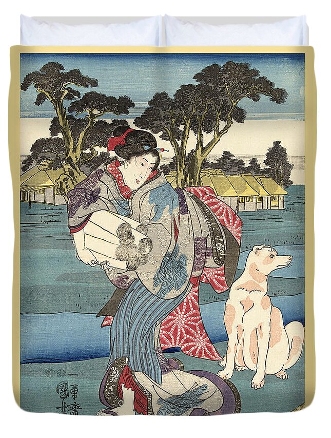 Utagawa Kuniyoshi Duvet Cover featuring the drawing The Toi Tama River in Settsu Province by Utagawa Kuniyoshi