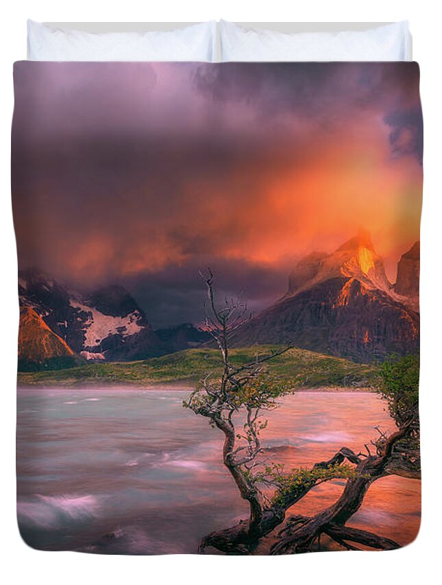Patagonia Duvet Cover featuring the photograph The Twin Trees by Henry w Liu