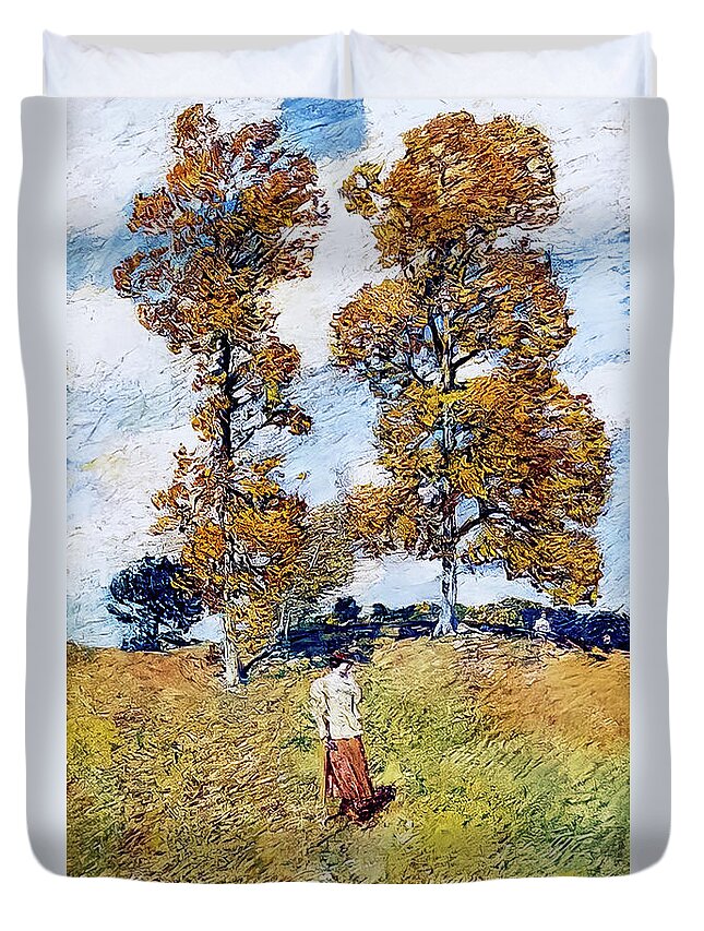 American Duvet Cover featuring the painting The Two Hickory Trees by Childe Hassam 1919 by Childe Hassam