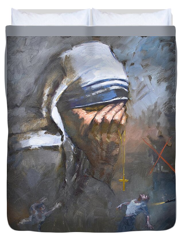 Mother Teresa Duvet Cover featuring the painting The Uneasy World by Ylli Haruni
