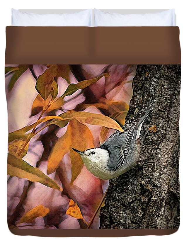 Nuthatch Duvet Cover featuring the photograph The Upside Down Percher by Debra Martz