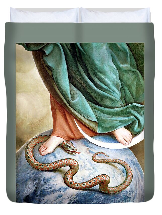 The Virgin Mary Stepping On The Snake Duvet Cover featuring the painting The Virgin Mary stepping on the snake, Detail by Italian School