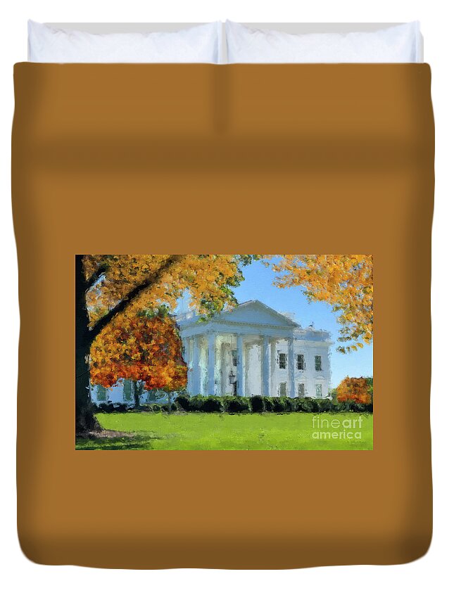 The Statue Of Freedom Duvet Cover featuring the painting The Whitehouse in Fall Colors by Jon Neidert