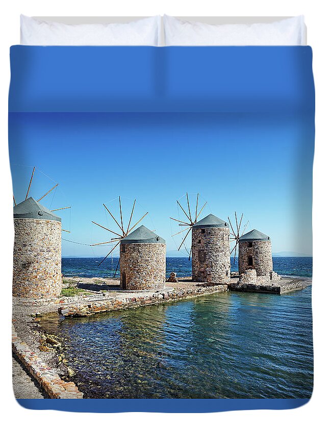 Architecture Duvet Cover featuring the photograph The windmills in Chios island, Greece by Constantinos Iliopoulos