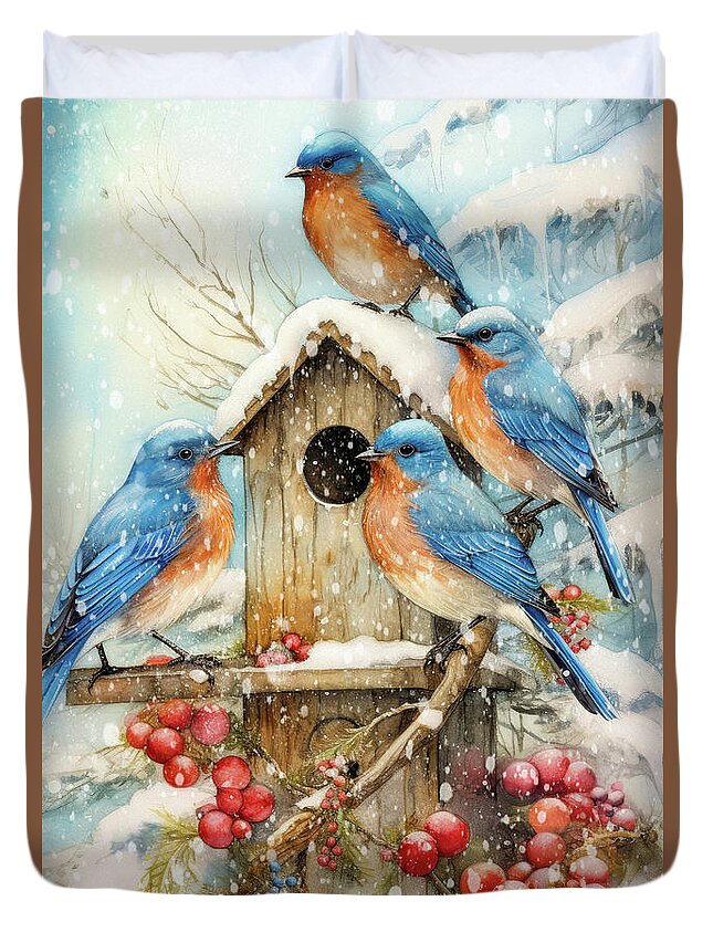#faaadwordsbest Duvet Cover featuring the painting The Winter Bluebirds by Tina LeCour