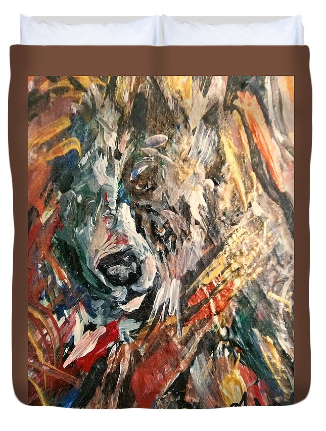 Dogs Duvet Cover featuring the painting The Wise Wolf by Dawn Caravetta Fisher