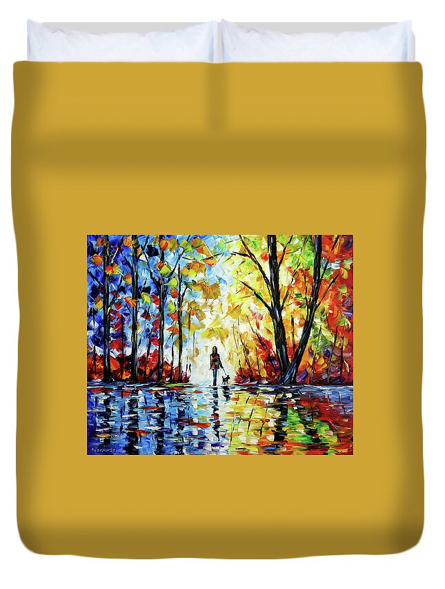 Woman Alone Duvet Cover featuring the painting The Woman With The Dog by Mirek Kuzniar
