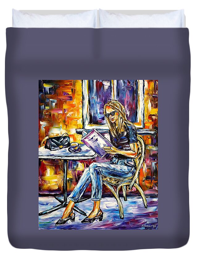 Woman In Cafe Duvet Cover featuring the painting The Woman With The Menu by Mirek Kuzniar