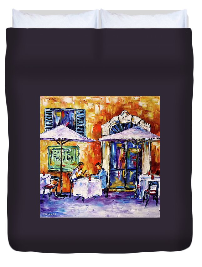 Cafe In Tuscany Duvet Cover featuring the painting The Yellow Cafe by Mirek Kuzniar