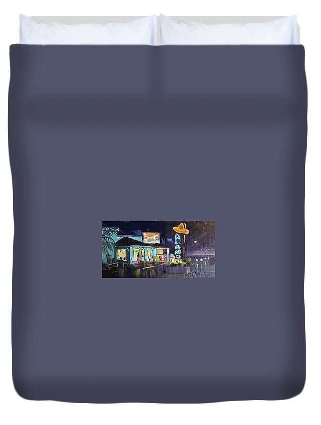 Neon Duvet Cover featuring the painting Theres No Basement at the Alamo by Maggii Sarfaty