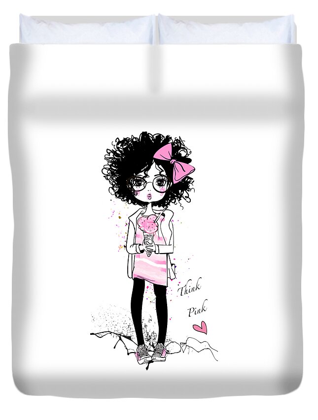 Girl Duvet Cover featuring the painting Think Pink by Miki De Goodaboom
