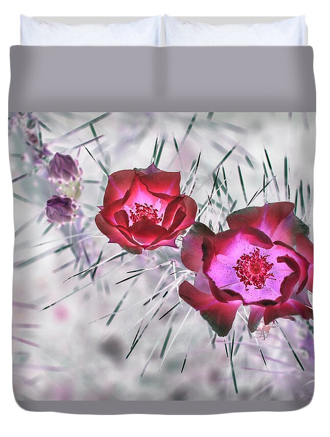 Cactus Duvet Cover featuring the photograph Thorny Situation in Red by Missy Joy