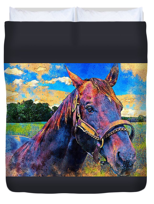 Thoroughbred Duvet Cover featuring the digital art Thoroughbred horse portrait - digital painting with vintage look by Nicko Prints