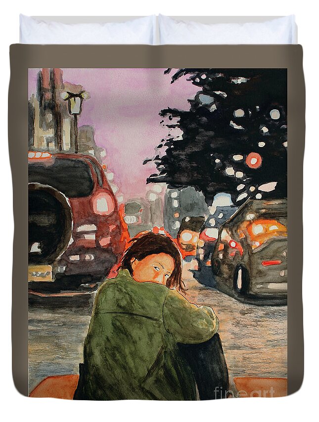 Cityscape Duvet Cover featuring the painting Those eyes by James Ackley