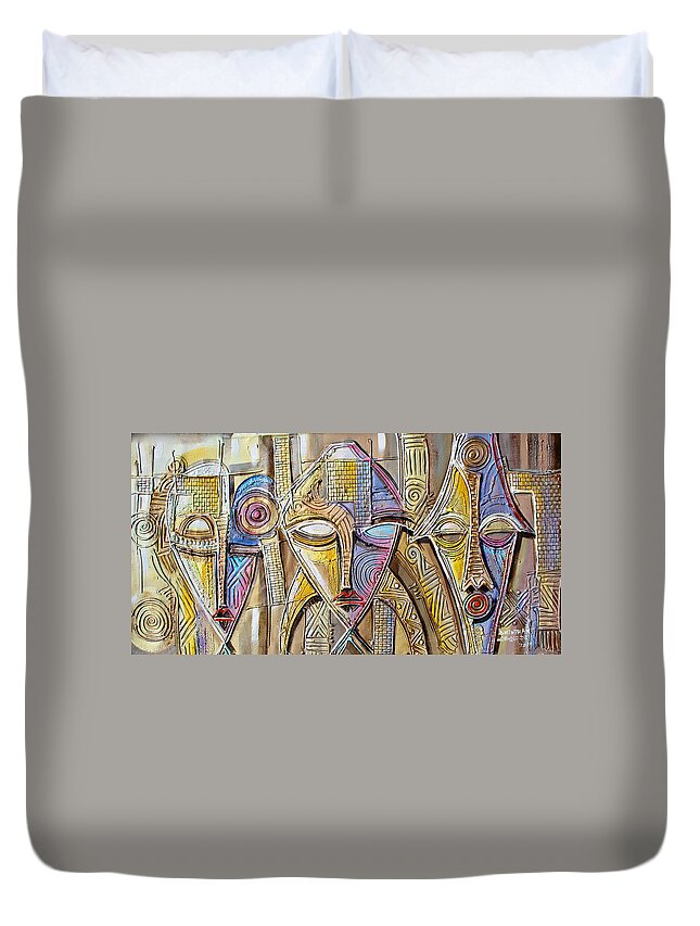 Africa Duvet Cover featuring the painting Three African Faces by Paul Gbolade Omidiran