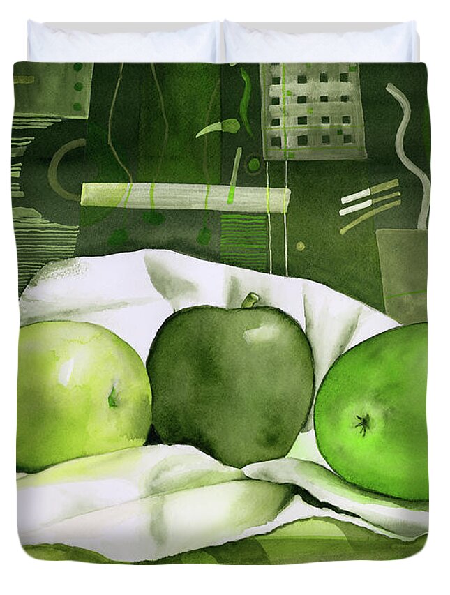 Green Duvet Cover featuring the painting Three Apples-Green by Hailey E Herrera