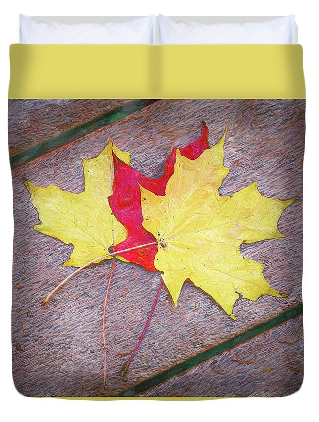 Holmdel Park Duvet Cover featuring the photograph Three Autumn Leaves On A Bench by Gary Slawsky