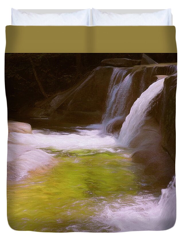 River Duvet Cover featuring the mixed media Three Cascades in Paradise by Lynda Lehmann
