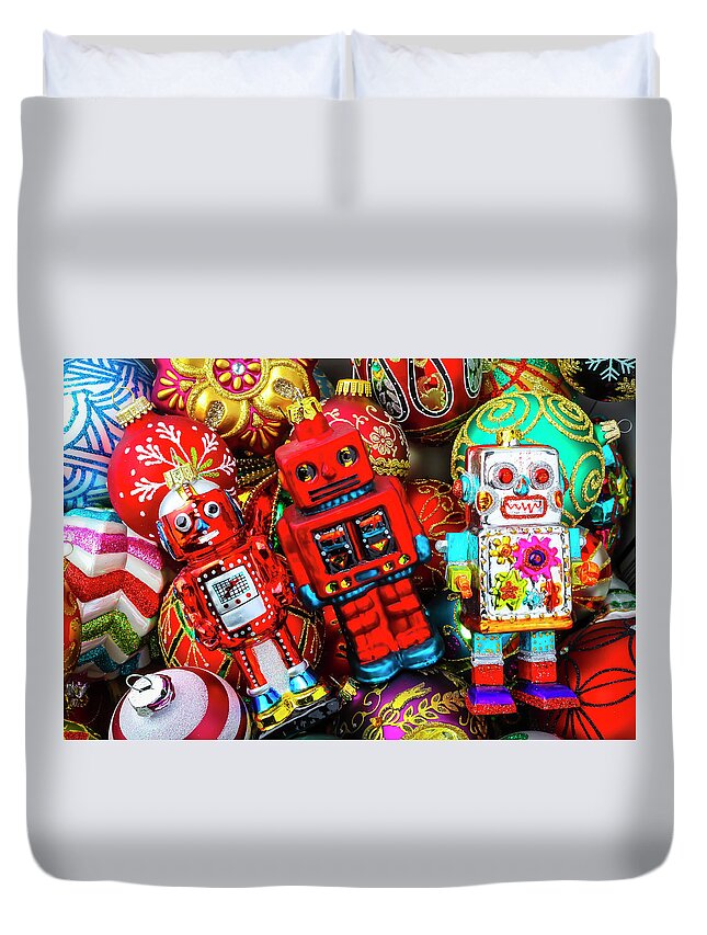 Abundance Red Fancy Duvet Cover featuring the photograph Three Christmas Robots by Garry Gay