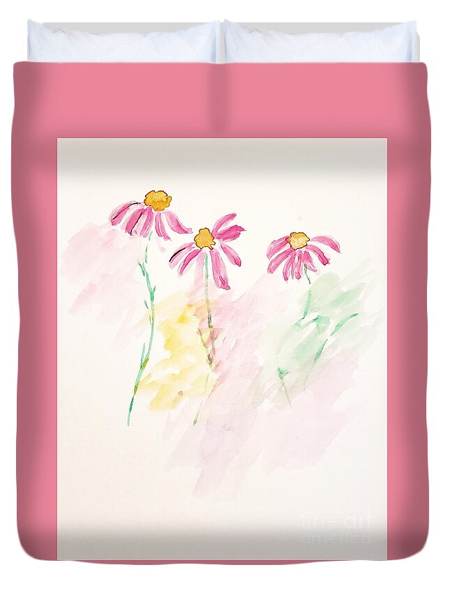  Duvet Cover featuring the painting Three Coneflowers by Margaret Welsh Willowsilk
