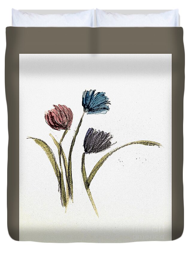  Duvet Cover featuring the painting Three Flowers to Dream On by Margaret Welsh Willowsilk