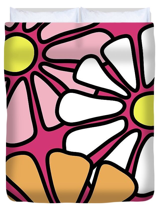 Flower Power Duvet Cover featuring the digital art Three Mod Flowers Pink by Donna Mibus