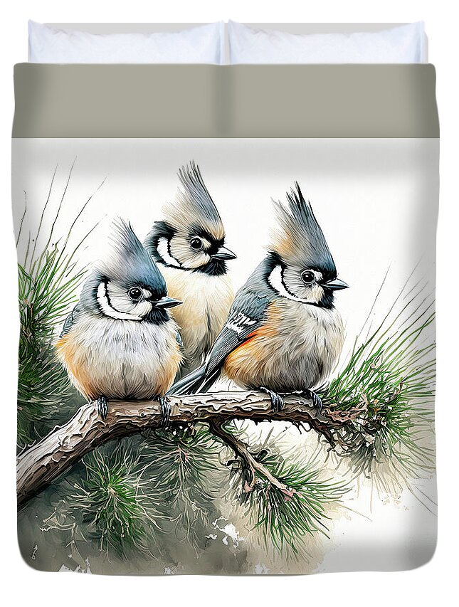 Titmouse Duvet Cover featuring the painting Three Of The Sweetest by Tina LeCour