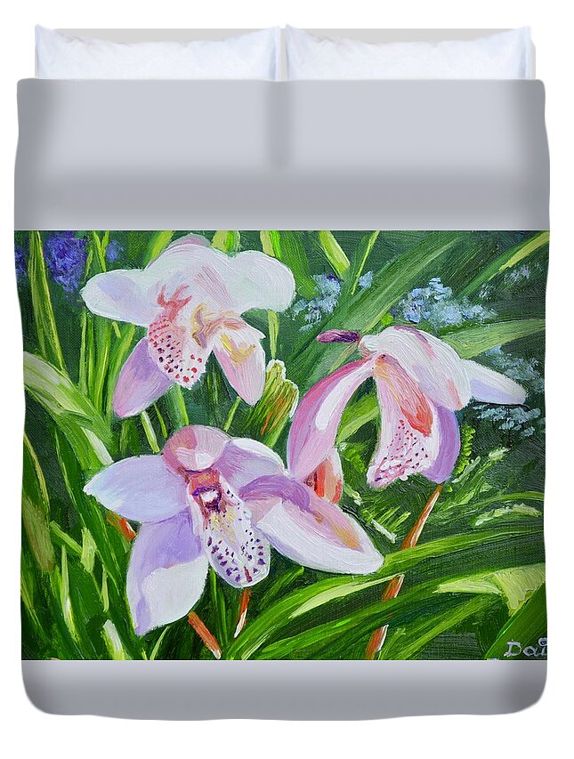 Flowers Duvet Cover featuring the painting Three Pink Cymbidium Orchids by Dai Wynn