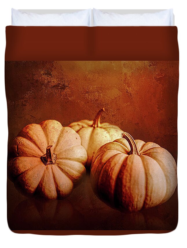 Three Duvet Cover featuring the digital art Three Pumpkins in Color by Cindy Collier Harris