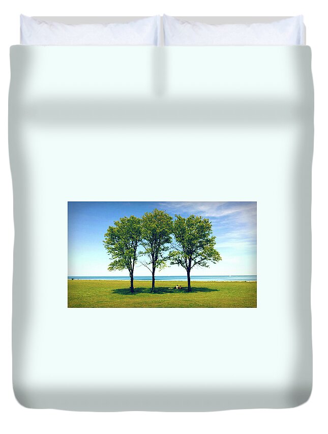 Landscape Duvet Cover featuring the photograph Three Trees Lake Shore by Patrick Malon