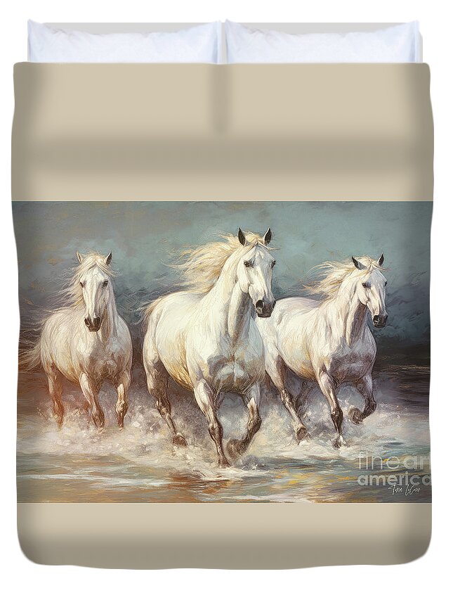 Stallion Horses Duvet Cover featuring the painting Three Wild Stallions by Tina LeCour
