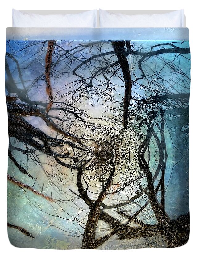 Encaustic Duvet Cover featuring the mixed media Through the Trees by Dorian Hill