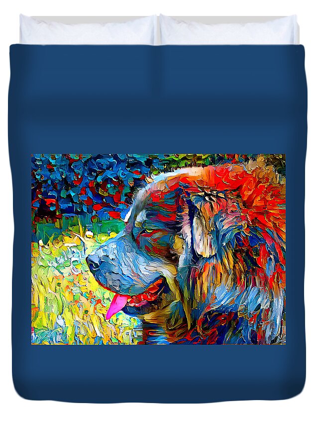Tibetan Mastiff Duvet Cover featuring the digital art Tibetan Mastiff dog sitting profile with its mouth open - colorful palette knife oil texture by Nicko Prints