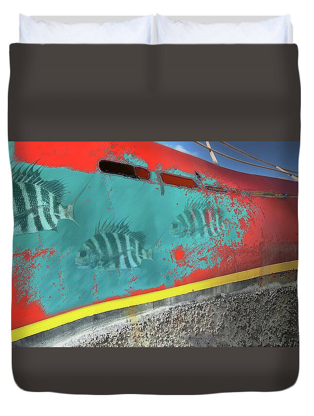 Mighty Sight Studio Fish Life Sea Life Abandoned Boat Steve Sperry Art And Photography Duvet Cover featuring the digital art Tidal Trist by Steve Sperry