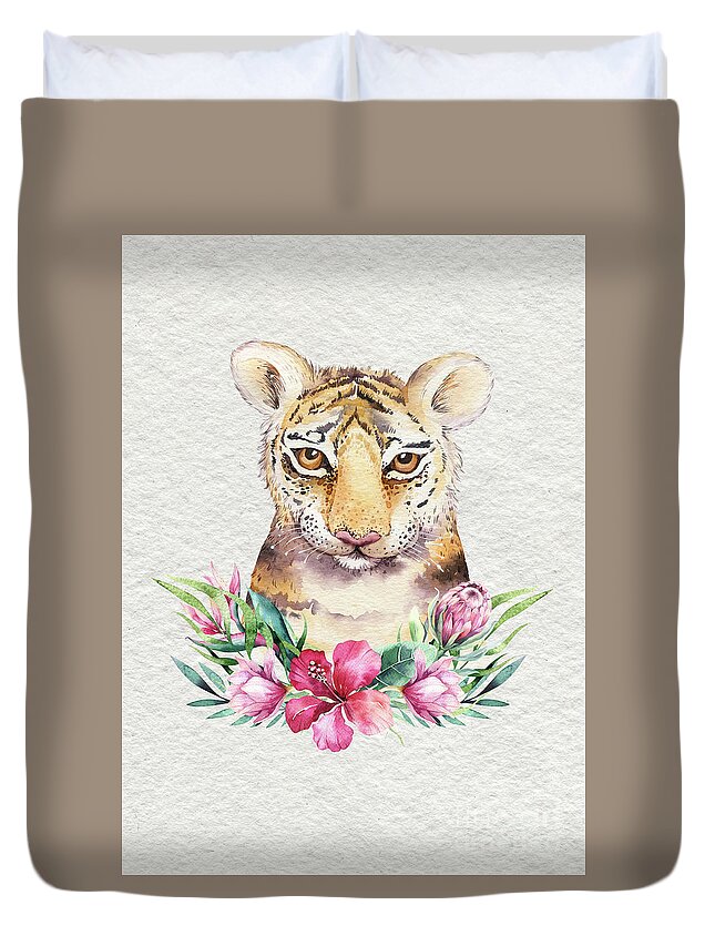 Tiger With Flowers Duvet Cover featuring the painting Tiger With Flowers by Nursery Art