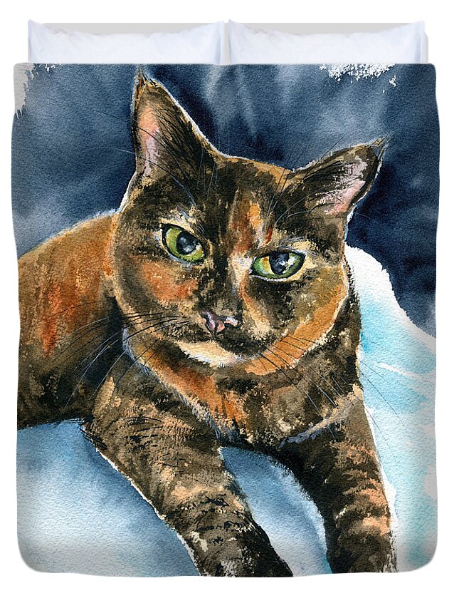Cat Duvet Cover featuring the painting Tilli The Tortie Queen by Dora Hathazi Mendes