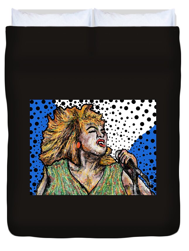 Tina Turner Rock Music Musican Icon Star Celebrity Abstract Lobby Office Mixed Media Digital Blue White Portrait Duvet Cover featuring the painting Tina Turner by Bradley Boug