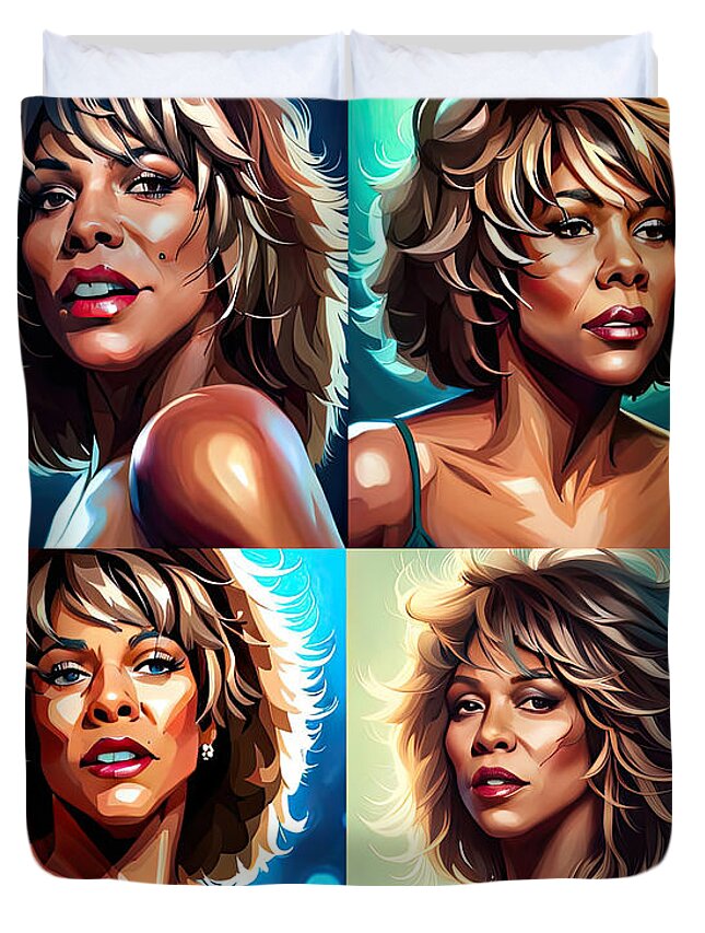 Tina Duvet Cover featuring the digital art Tina Turner Queen of Rock'n Roll Montage by Floyd Snyder