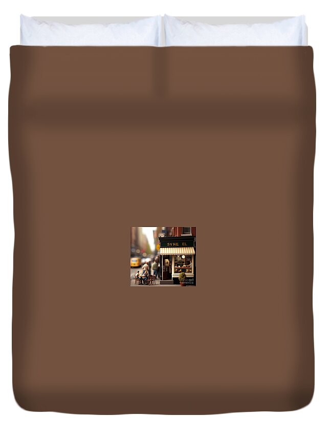  Duvet Cover featuring the mixed media Tiny City Coffee by Jay Schankman