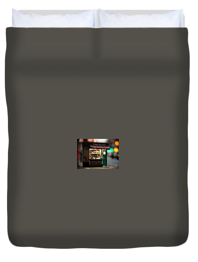 A Variety Of Jams Duvet Cover featuring the mixed media Tiny City Shop II by Jay Schankman