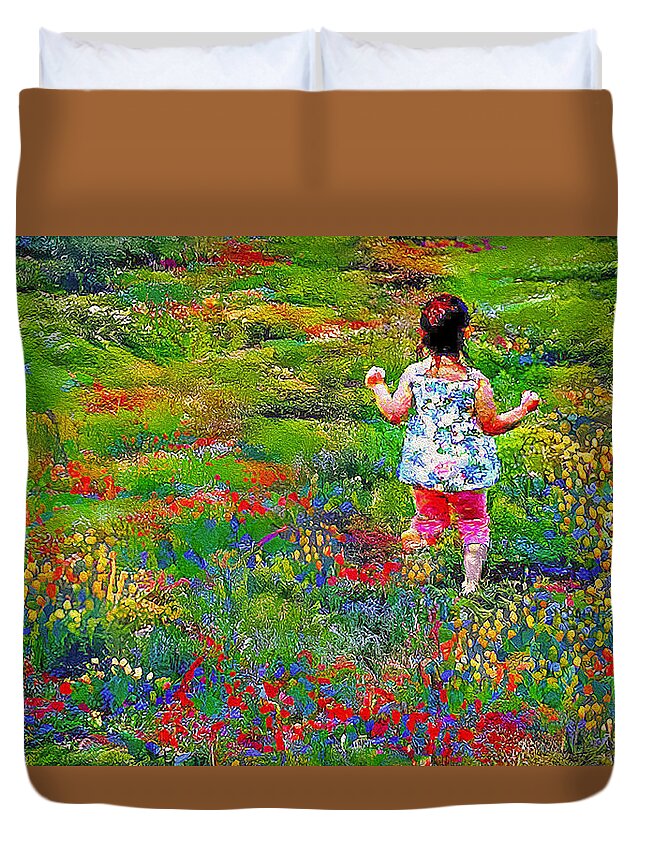 Girl Duvet Cover featuring the photograph Tiptoe Through The Tulips by Debra Kewley