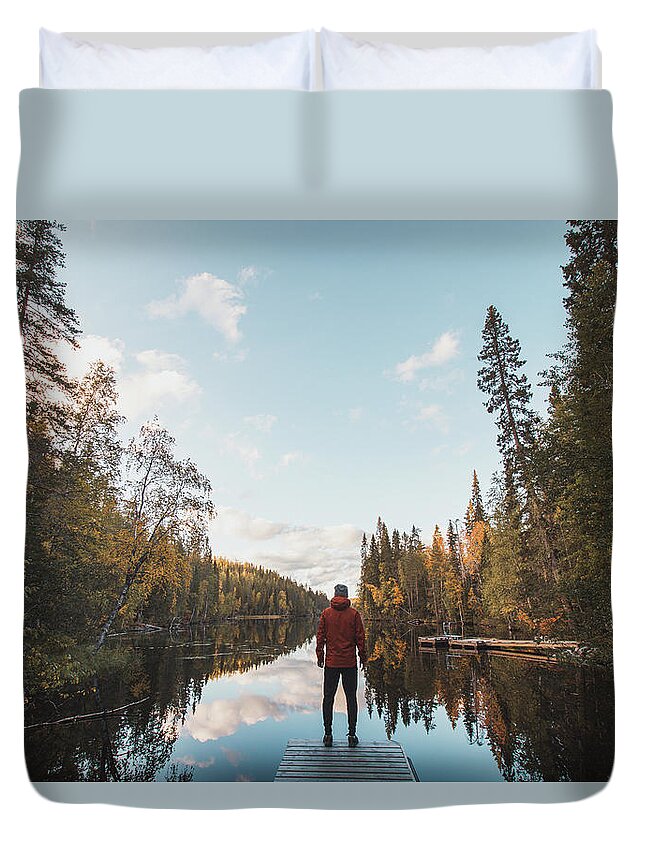 Male Emotion Duvet Cover featuring the photograph Tireless traveller stands at the door of the wild autumn nature by Vaclav Sonnek
