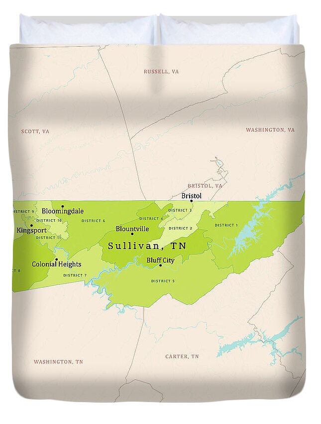 County Duvet Cover featuring the digital art TN Sullivan County Vector Map Green by Frank Ramspott