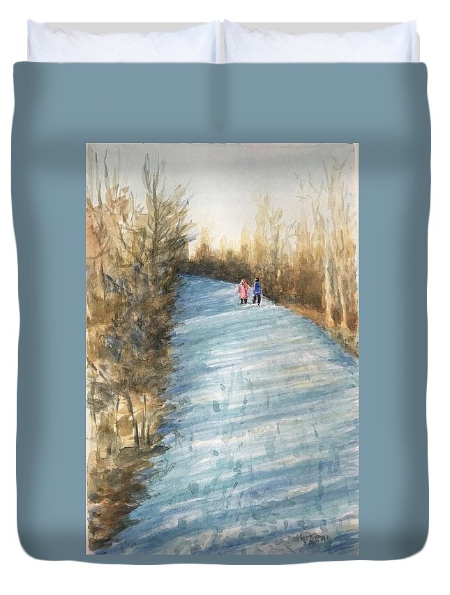 Walking On Snow Duvet Cover featuring the painting Togetherness by Milly Tseng