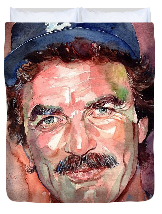 Tom Selleck Duvet Cover featuring the painting Tom Selleck Portrait by Suzann Sines