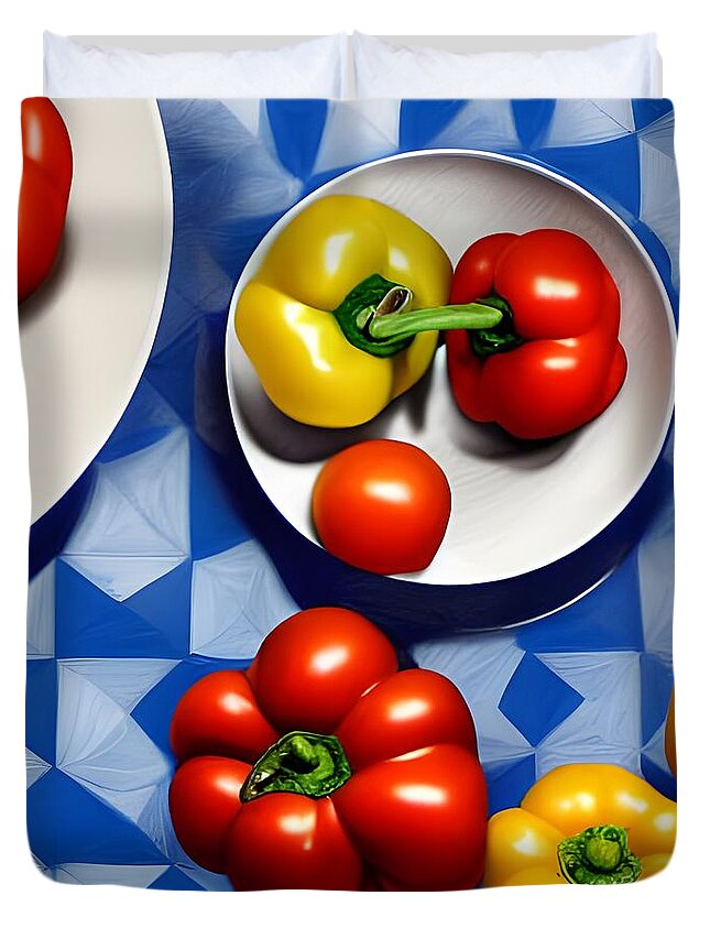 Fruit Duvet Cover featuring the digital art Tomatoes and Peppers by Katrina Gunn