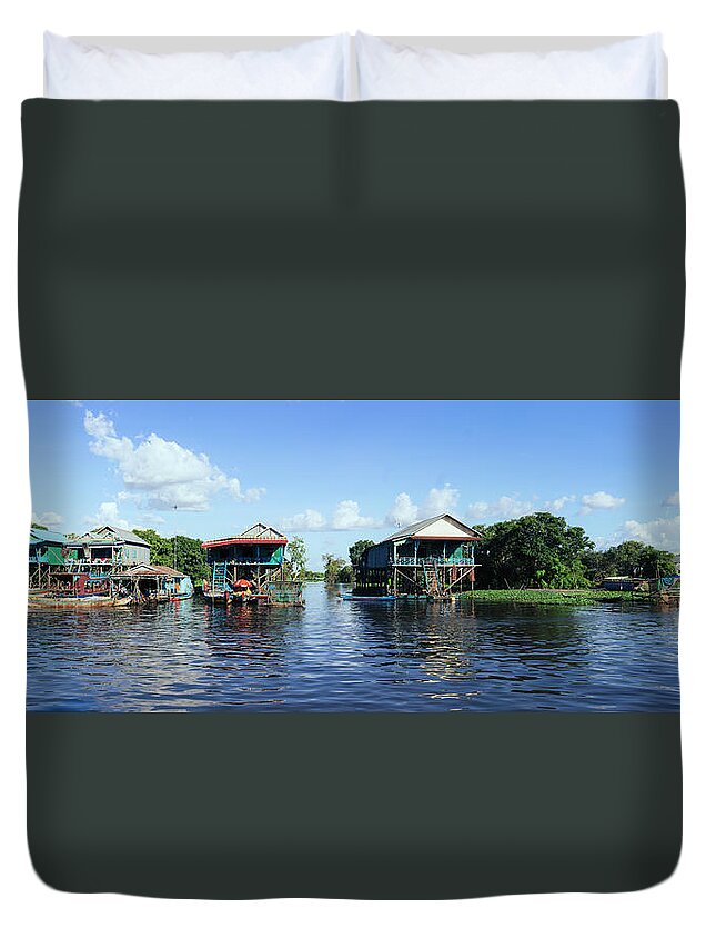 Panoramic Duvet Cover featuring the photograph Tonlesap lake cambodia floating village 2 by Sonny Ryse