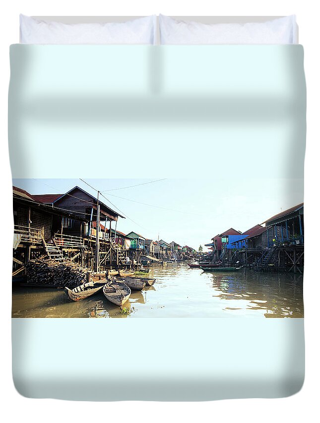 Panoramic Duvet Cover featuring the photograph Tonlesap lake cambodia floating village kampong khleang 3 by Sonny Ryse