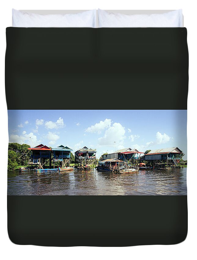Panoramic Duvet Cover featuring the photograph Tonlesap lake cambodia floating village by Sonny Ryse